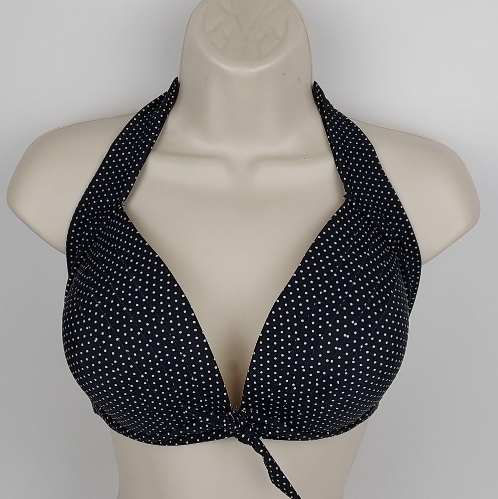 Fitglam Black White Polka Dot Bikini Top Built-in Padding Halter Tie Neck Back